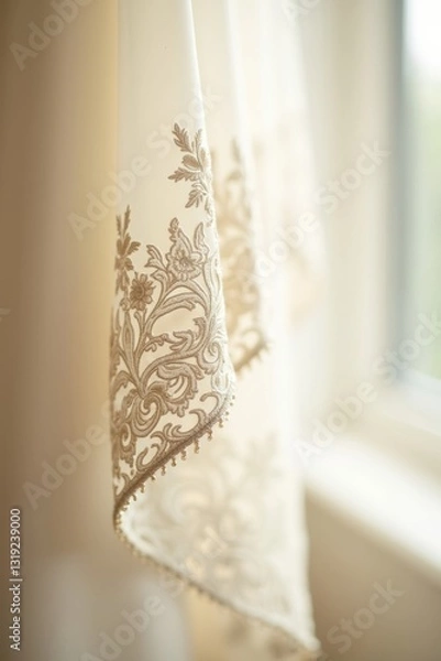 Obraz Close-up embroidered curtain with floral pattern and lace edge, featuring day-lit interior design for old-fashioned charm. Transparent textile enhances vintage softness and neat decorative style