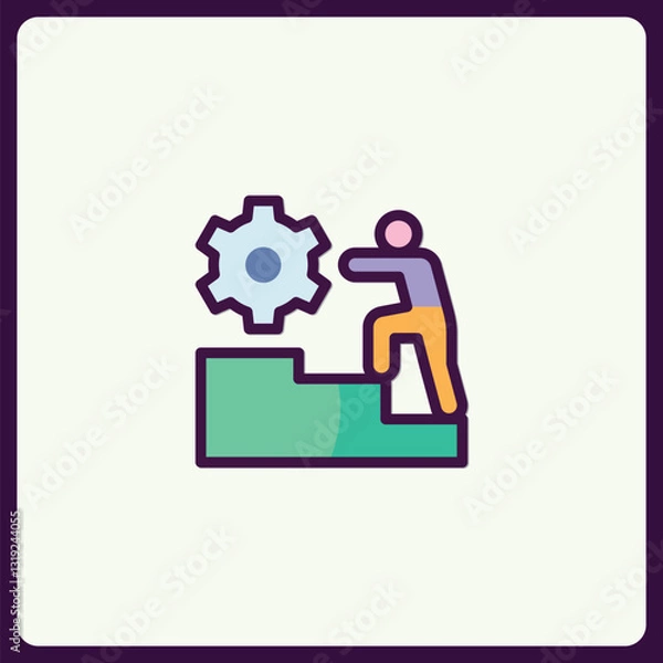Fototapeta Stylized Icon Illustration of Progress, Gears and a Person Climbing Steps