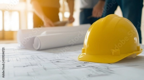 Fototapeta Construction worker's hard hat, safety gear on job site, surrounded by blueprints, setting the stage for project management.