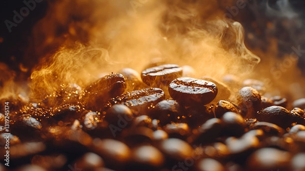 Obraz Coffee beans roasting with golden smoke, morning ritual, aromatic warmth, rustic charm
