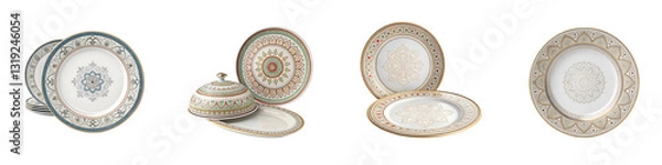 Fototapeta Set of plates in traditional elegant design, isolated on transparent background.
