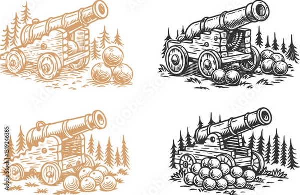 Fototapeta set of Old pirate ship cannon and cannonballs black vector, engraving sketch ink poster black illustration etching style tattoo line art cannon, pirate, golden, color, line, ancient, cannonballs