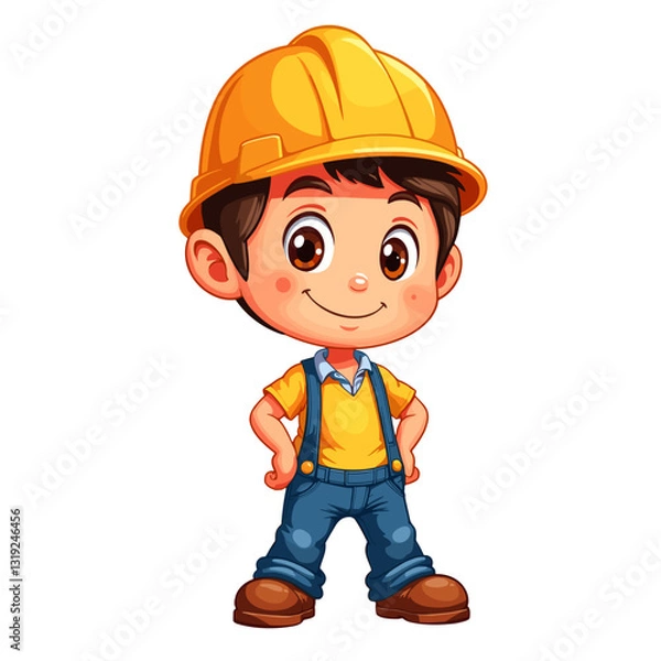 Fototapeta Cheerful engineer character posing confidently, colorful vector art