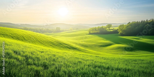 Obraz Green landscape of rolling green fields, likely agricultural land, bathed in soft sunlight. The scene is characterized by its simplicity, natural beauty.