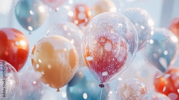 Fototapeta A Celebratory Flurry Of Pastel Balloons Floating Gently, Filled With Shimmering Confetti And Soft Light, Creating A Joyful And Dreamy Atmosphere
