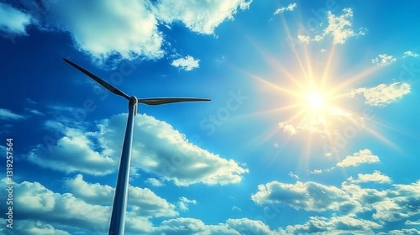 Fototapeta A Majestic Wind Turbine Gracefully Spinning Under A Vibrant Sun-drenched Sky, Showcasing Natures Power With Brilliant Blue Hues And Fluffy White Clouds