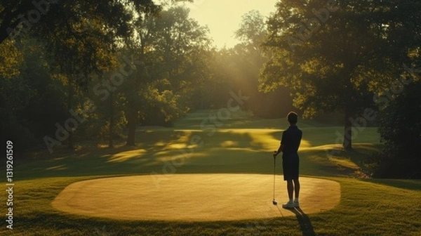 Obraz Golfer Preparing for Put in Serene Morning Light on Golf Course