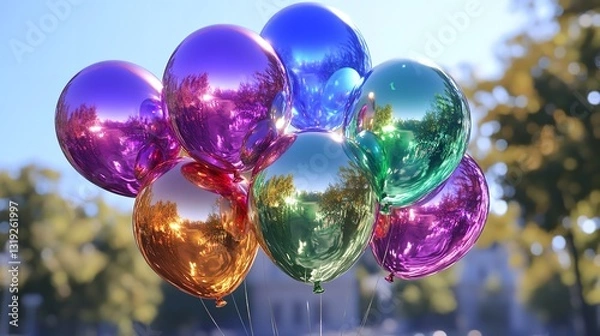 Fototapeta A Jubilant Burst Of Iridescent Balloons Reflecting A Sunny Autumn Day Against A Blurred Park Backdrop, Shimmering With Vibrant Hues And Joyful Energy