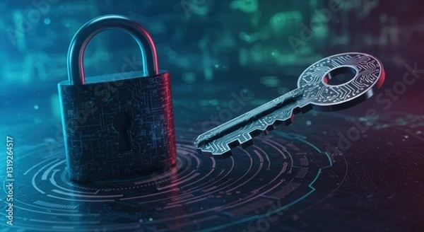 Fototapeta Digital lock and key illustrating cybersecurity concepts 