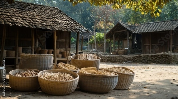 Obraz Incense sticks drying in wicker baskets in a vietnamese village