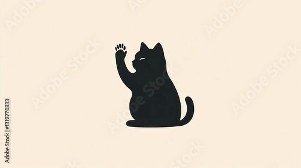 Obraz Cute black cat silhouette raising paw, simple, aesthetic, background, digital art, print, social media