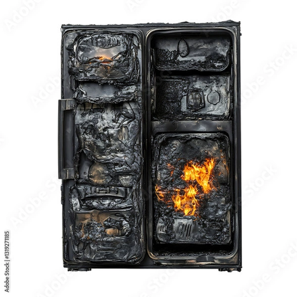 Fototapeta Charred Refrigerator with Melted Plastic and Scorched Metal Isolated on Transparent Background