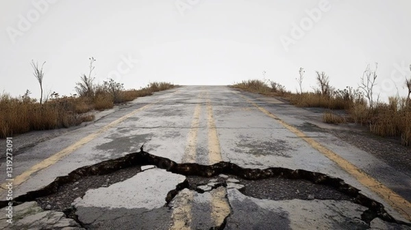 Fototapeta A Desolate Road, Cracked And Broken, Stretches Towards A Hazy Horizon, Symbolizing The End Of A Journey, A Path Fractured And Uncertain, Under A Pale Sky