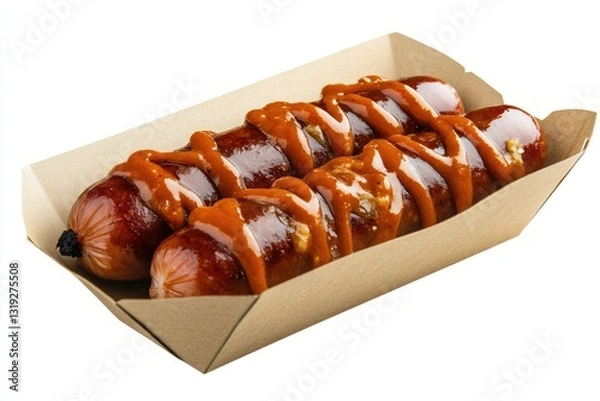 Fototapeta Flawless Visual of Currywurst on Paper Tray Isolated on White Background