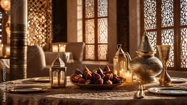 Fototapeta Cozy Evening with Lanterns and Tea Setting
