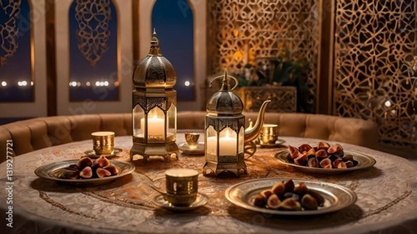 Obraz Cozy Evening with Lanterns and Tea Setting