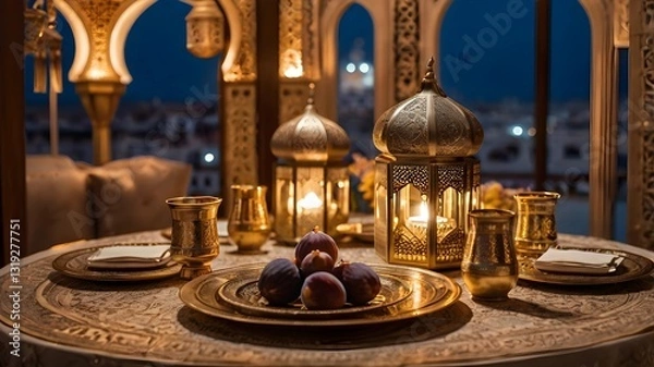 Obraz Cozy Evening with Lanterns and Tea Setting