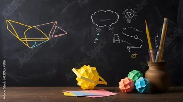 Obraz Chalkboard with Origami and Creative Tools
