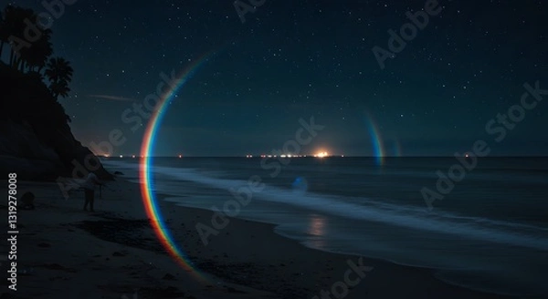 Fototapeta Beautiful nighttime beach scene showcases a rainbow arch above calm ocean waters under a starry sky near a coastal town with distant lights twinkling Generative AI