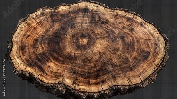 Fototapeta A Cross-section Of A Majestic Ancient Tree, Revealing Its Rich History In Concentric Rings Of Deep Browns And Warm Golds Against A Dark Background