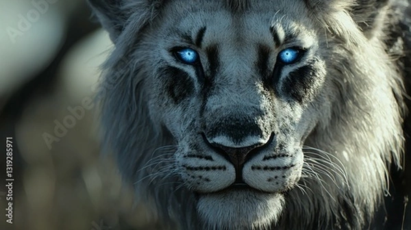 Fototapeta Majestic black-and-white lion with piercing blue eyes, a symbol of rare beauty and untamed wilderness.