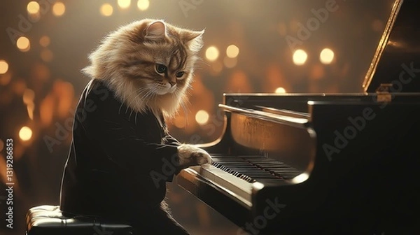 Fototapeta Pet occupational theme, occupational theme featuring pets in professional roles, creative pet occupational theme with pets in diverse careers. A cat plays piano in a dramatic performance.