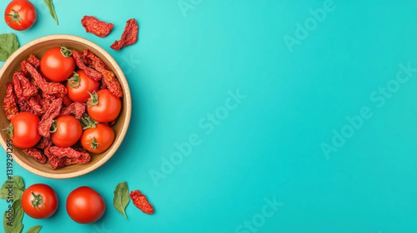 Fototapeta Menu of lycopene, A bowl of sun-dried tomatoes on a pastel blue background.