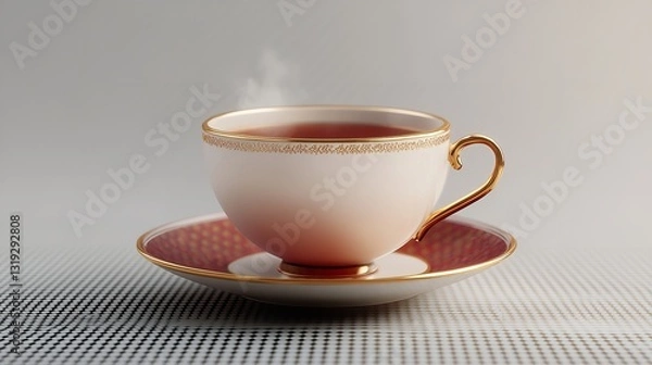 Fototapeta A Steaming Cup Of Tea, A Moment Of Quiet Warmth And Tranquility, In A Delicate Porcelain Teacup With Gold Accents And A Rich Burgundy Saucer