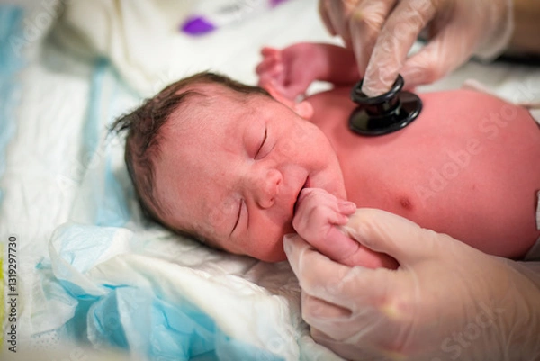 Fototapeta view of a baby on the day of birth being medically examined