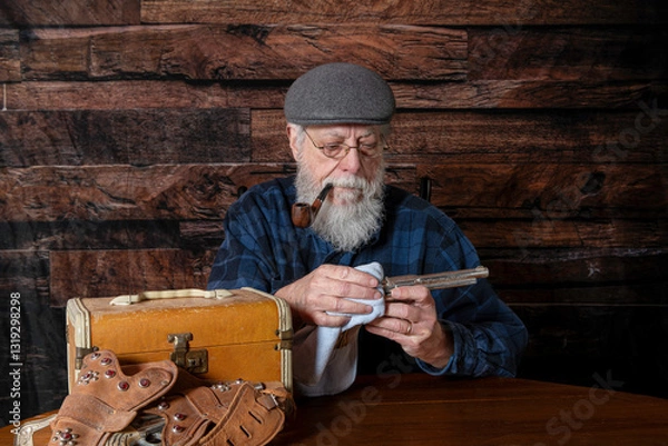 Obraz old man with white beard smoking pipe sitting at table cleaning vintage toy cap gun with dark wood background