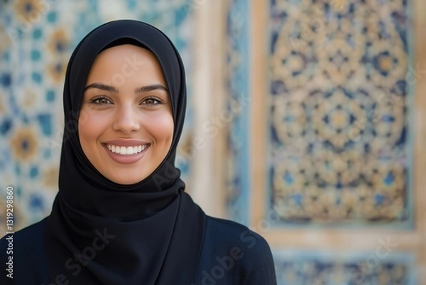 Fototapeta A young woman wearing a black hijab smiling against a colorful patterned background.