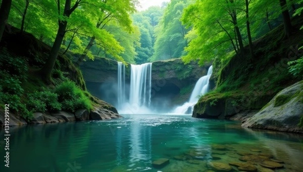 Fototapeta River with lush greenery and a waterfall backdrop, forest, scenery, river