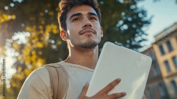 Fototapeta Man with white iPad engaged in conversation, modern workspace setting, focus on technology and communication