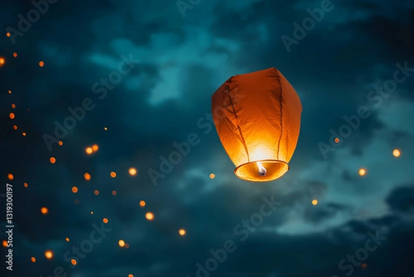 Fototapeta Floating Lantern in the Dark Sky, Emitting a Soft and Peaceful Glow