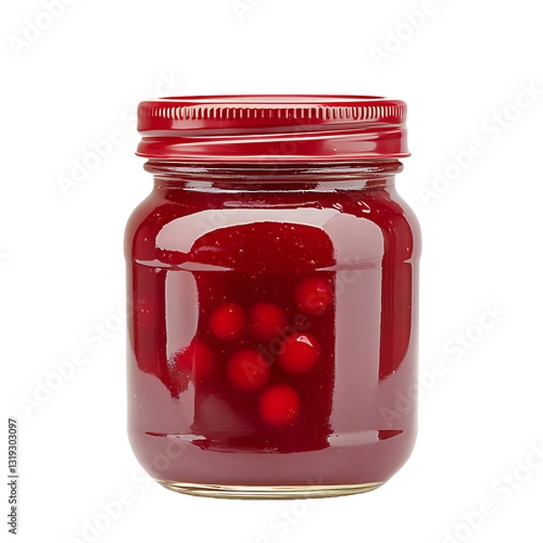 Fototapeta Canned cranberry sauce with a solid red color that shows its gelatinous state and whole berries inside a glass jar with a red lid. Perfect for any meal.