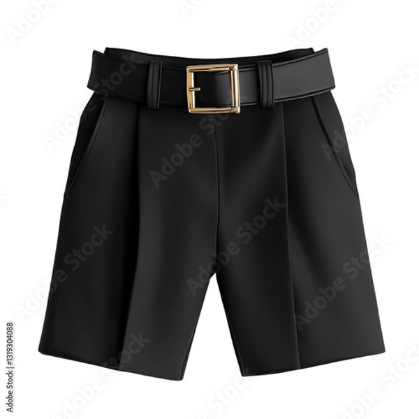 Fototapeta A Pair of High Waisted Black Shorts with Wide Belt Isolated on Transparent Background