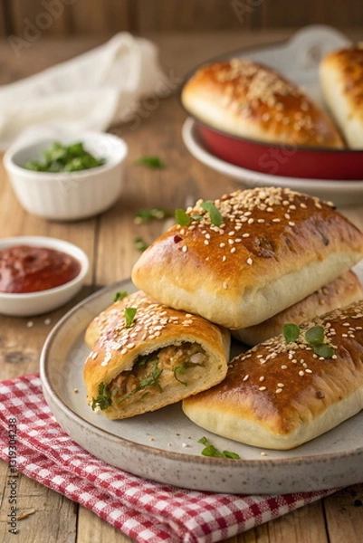 Fototapeta Homemade baked pies or patties stuffed with cabbage and meat