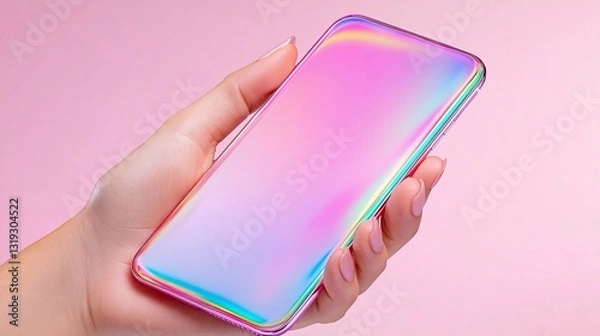 Fototapeta stunning handheld smartphone with vibrant iridescent display on soft pink background
