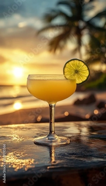 Fototapeta frozen classic lime margarita daquiri blended cocktail in a glass at a bar on the beach