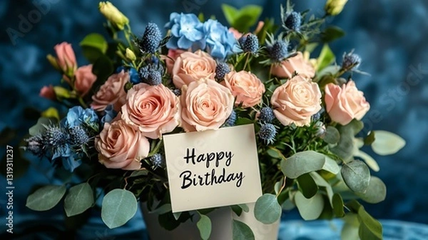 Obraz Elegant happy birthday flower bouquet with soft pastel roses and green foliage
