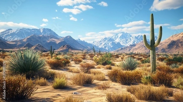 Fototapeta Majestic Saguaro Cactus Standing Tall Against A Breathtaking Backdrop Of Snow-capped Mountains And Sun-drenched Desert Landscape Under A Vibrant Blue Sky
