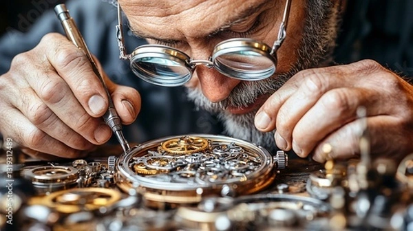 Fototapeta Close-up of a watchmaker repairing a mechanical timepiece with precision tools and magnifying glasses.
