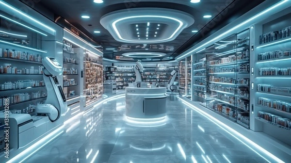 Fototapeta Futuristic Pharmacy: Automated Dispensing System and Sleek Design