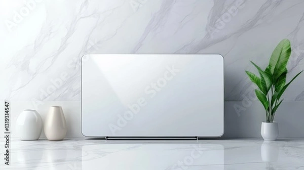 Fototapeta Modern workspace, laptop on marble desk with green plant, ideal for productivity and remote work.