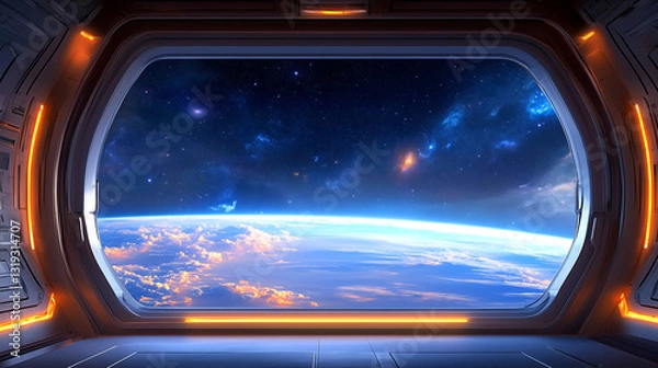 Obraz A breathtaking view reveals a vibrant Earth beneath a vast cosmos filled with stars and nebulae. The scene captures the beauty of space against the backdrop of a twilight sky
