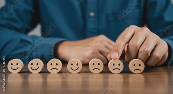 Fototapeta A Hand Carefully Arranging Wooden Emotion Blocks, Shifting From Positive To Negative Feedback, Representing A Crucial Business Decision With Subtle Warm Lighting On A Wooden Table