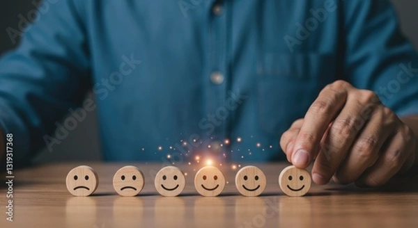 Fototapeta Achieving Ultimate Customer Satisfaction, A Hand Carefully Selects A Happy Face Among Wooden Emotion Icons, Glowing With Positive Energy And Warm Light