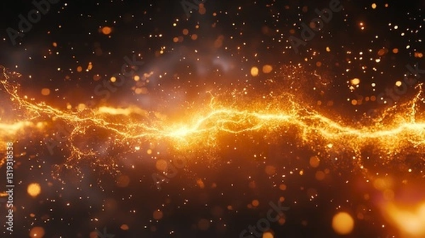 Fototapeta A Fiery Cosmic River Of Golden Energy Flows Through The Dark, A Vibrant Spectacle Of Light And Particles In Motion