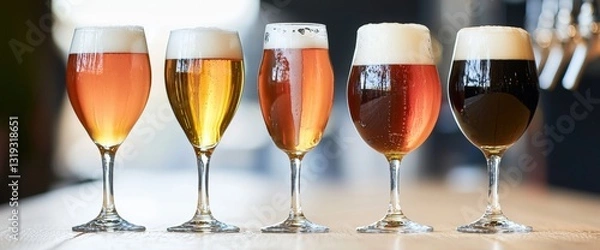 Obraz Row of different types of beer displaying craft beer selection for enthusiasts and culinary exploration