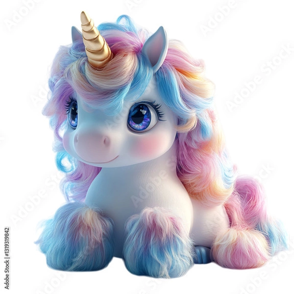 Fototapeta Fluffy 3D Cartoon Unicorn with Rainbow Mane Isolated on Transparent Background